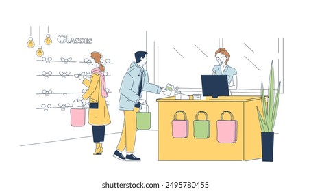 Buyers in optics store. Man and woman buy glasses and pay at cash register. Ophtalmological shop and store. Health care and medicine. Linear vector illustration isolated on white background