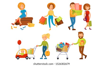 Buyers with packages are coming. Vector illustration.