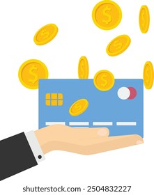 Buyers paying money from debit card receive bonus. Money savings. Modern vector illustration in flat style

