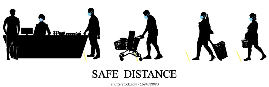 Buyers in queue at the cash of store, keep safe distance. Vector illustration