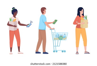 Buyers in queue semi flat color vector characters. Waiting figures. Full body people on white. Common situations isolated modern cartoon style illustration for graphic design and animation