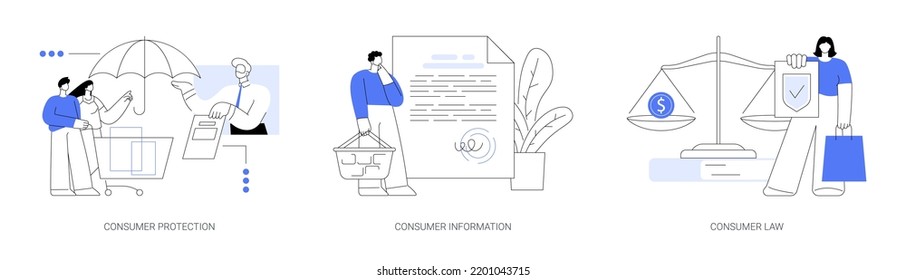 Buyers rights regulation abstract concept vector illustration set. Consumer protection, financial information and privacy security policy, consumer law, online shopping, e-commerce abstract metaphor.