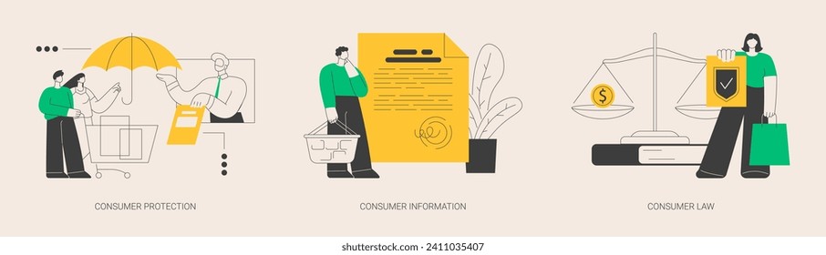 Buyers rights regulation abstract concept vector illustration set. Consumer protection, financial information and privacy security policy, consumer law, online shopping, e-commerce abstract metaphor.