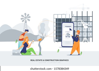 Buyers sending a message to a real estate agent or construction worker. Create a unique illustration for a website, application, or presentation
