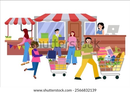 Buyers, shop, fair. Vector simple color flat illustration.