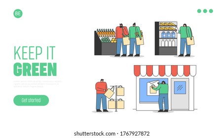 Buyers in shop using eco bags for purchases. Landing page with zero waste and recycling concept. Cartoon people buy groceries and use green handbags in supermarket. Flat vector illustration