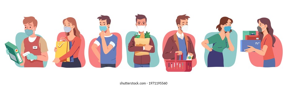 Buyers shoppers men, women in masks holding shopping bags choosing buying groceries in supermarket shop during coronavirus pandemic. Cashier person scanning food purchase. Flat vector illustration set