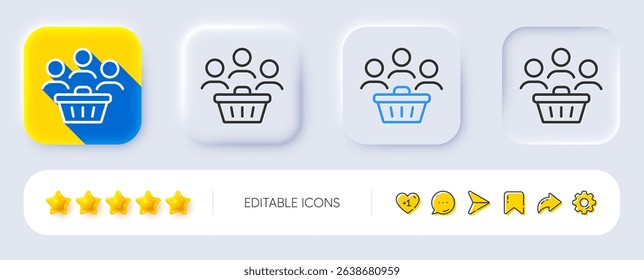 Buyers with shopping cart line icon. Neumorphic, Flat shadow, 3d buttons. Customers group sign. Supermarket clients symbol. Line buyers icon. Social media icons. Vector