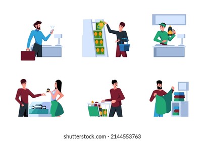 Buyers. Shopping characters holdings debit cards and market bags people making purchase garish vector flat illustrations reatailers set