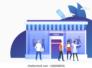 Buyers standing and holding bags near shop front. People choosing and buying clothes in shop. Fashion outlet, boutique concept. Vector illustration can be used for topics like business, shopping, sale