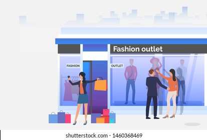 Buyers walking and holding bags near shop window. People choosing and buying clothes in shop. Fashion outlet, boutique concept. Vector illustration can be used for topics like business, shopping, sale