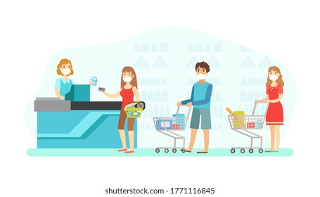 Buyers Wearing Medical Masks Keeping their Safe Distance at Supermarket, Social Distancing and Virus Prevention Flat Style Vector Illustration