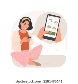 Compra de accesorios aislados de ilustración vectorial de dibujos animados. Adolescente sonriente sosteniendo smartphone y viendo objetos arcoiris en pantalla, comprando aplicaciones de imitación, haciendo compras en línea de dibujos vectoriales.