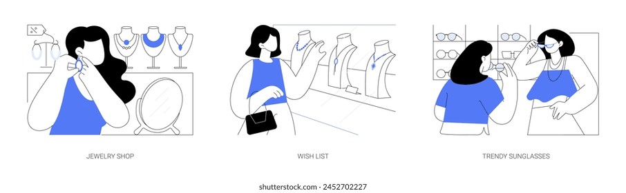 Buying accessories isolated cartoon vector illustrations set. girl trying on earrings in a jewelry store, shopping wish list, dreaming about jewelry, choose trendy sunglasses vector cartoon.