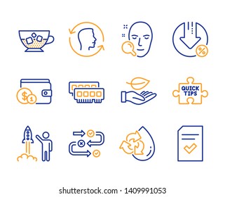 Buying accessory, Cold coffee and Launch project icons simple set. Ram, Face id and Survey progress signs. Leaf, Face search and Loan percent symbols. Line buying accessory icon. Colorful set. Vector