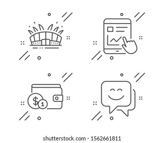 Buying accessory, Internet report and Arena stadium line icons set. Smile face sign. Wallet with coins, Web tutorial, Sport complex. Chat. Line buying accessory outline icon. Vector