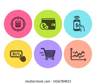 Buying accessory, Phone payment and Buy button icons simple set. Calculator target, Delivery shopping and Diagram chart signs. Wallet with coins, Mobile pay. Finance set. Flat buying accessory icon