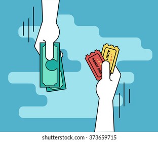 Buying admission. Flat line contour illustration of human hand purchasing two tickets by cash and other hand gives the tickets