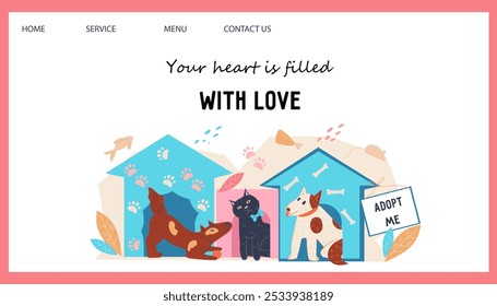 Compra ou adoção de cães sem-teto, abrigo de animais e modelo de ajuda banner, ilustração vetor plana isolado no fundo branco.