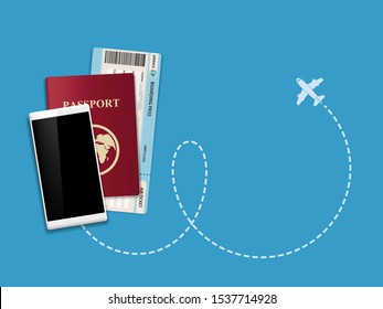 Buying an airline ticket online. Smartphone, air ticket and passport. Vector background.