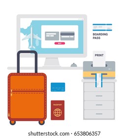 Buying airline tickets online. Print boarding passes. Flat style vector illustration