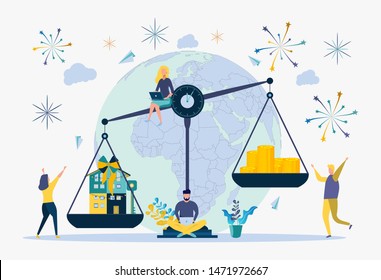 Buying an apartment or house. Holiday, happy day, good luck. The metaphor of home buying. Privileges of purchase of housing by installments. Colorful vector illustration.