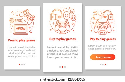 Buying apps, games onboarding mobile page screen with linear concepts. Free, pay to play walkthrough steps graphic instructions. Digital entertainment. UX, UI, GUI vector template with illustrations