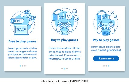 Buying apps and games onboarding mobile page screen with linear concepts. Free, pay to play walkthrough steps graphic instructions. UX, UI, GUI vector template with illustrations