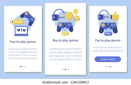Buying apps and games onboarding mobile app page screen vector template. Free, pay to play. Flat design website instructions. UX, UI, GUI smartphone interface cartoon concept