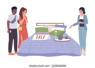 Buying bed 2D vector isolated illustration. Choosing furniture. Seller consultant flat characters on cartoon background. Colorful editable scene for mobile, website, presentation. Bebas Neue font used