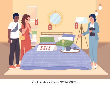 Buying bed flat color vector illustration. Young couple choosing furniture. Seller consultant. Fully editable 2D simple cartoon characters with showroom on background. Bebas Neue font used