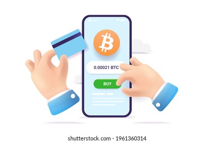 Buying Bitcoin in app on smartphone - Business hands purchasing crypto currency on mobile phone with credit card. 3d cartoon style vector illustration.