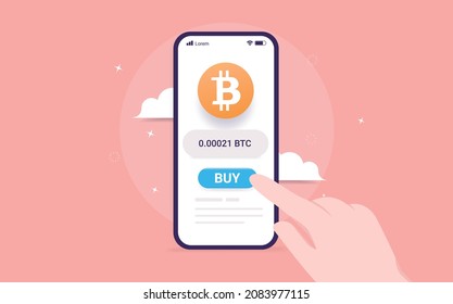 Comprando Bitcoin en aplicación - Imagen vectorial de la mano presionando el botón de compra para comprar moneda criptográfica en el smartphone.