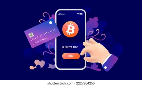 Buying Bitcoin with bank card on phone screen - Smartphone with crypto currency app and hand clicking buy button. Vector illustration