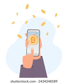 Buying bitcoin by mobile app, crypto money paying, purchase of cryptocurrency, flat vector illustration