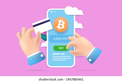 Buying Bitcoin with credit card - Hands paying for bitcoin on crypto exchange on smartphone. Vector illustration.