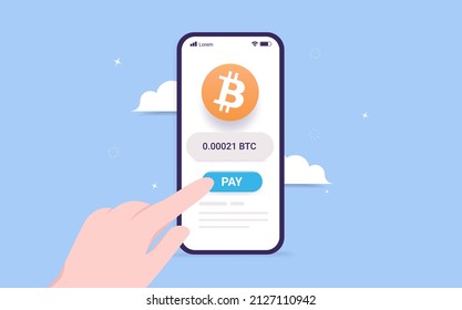 Buying Bitcoin in mobile application - Vector illustration of hand pushing the buy button to purchase crypto currency on smartphone.