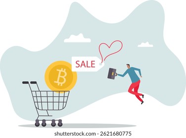 Buying Bitcoin on sale when cryptocurrency price crash to make profit.character for design.