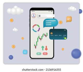 Comprar Bitcoin online - Ilustración vectorial 3d de las manos comprando moneda criptográfica en el teléfono móvil con tarjeta de crédito.
