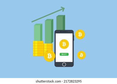 Buying Bitcoin online, Vector illustration of bitcoin price increase by buying crypto currency on mobile.