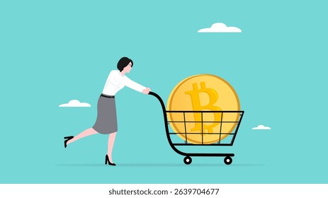 buying bitcoin, woman investor pushing a shopping cart containing large bitcoin cash concept vector illustration