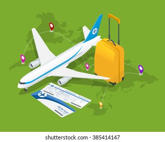 Buying or booking Airline tickets online. Travel, business flights worldwide.  Internation  flights. Flat 3d isometric vector illustration. 