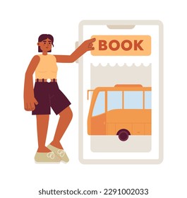 Buying bus ticket online over phone flat concept vector spot illustration. Editable 2D cartoon character on white for web UI design. Reservation system creative hero image. Jost Extrabold font used