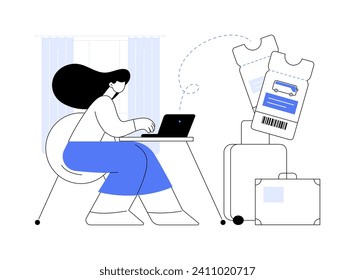 Buying bus tickets online abstract concept vector illustration. Happy woman with laptop buying intercity tickets from home, fast urban transportation, public transport abstract metaphor.