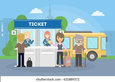 Buying bus tickets. People in queue outside.