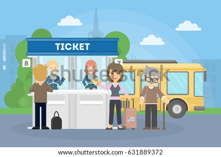 Buying bus tickets. People in queue outside.
