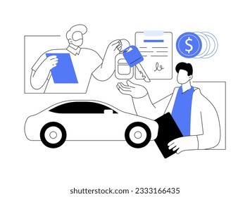 Buying car abstract concept vector illustration. Businessman getting keys from his new car from official dealer, distributorship company, making deal, signing contract abstract metaphor.