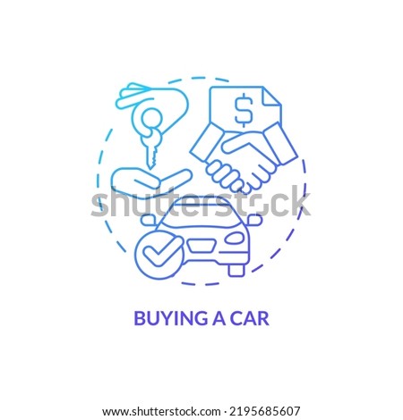 Buying car blue gradient concept icon. Life skill abstract idea thin line illustration. Purchasing vehicle. Car dealership. Auto loan. Isolated outline drawing. Myriad Pro-Bold font used