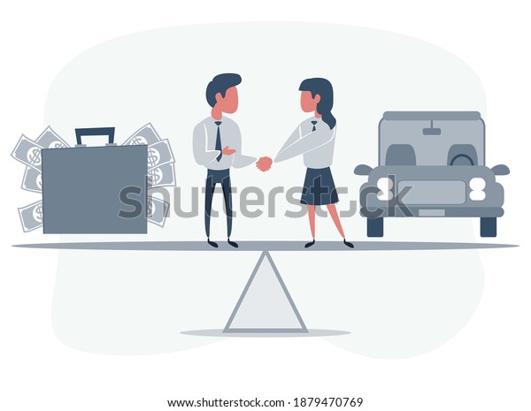 Buying a car. Business partners shaking\
hands as a symbol of unity. People standing on seesaw. Vector flat\
design illustration.