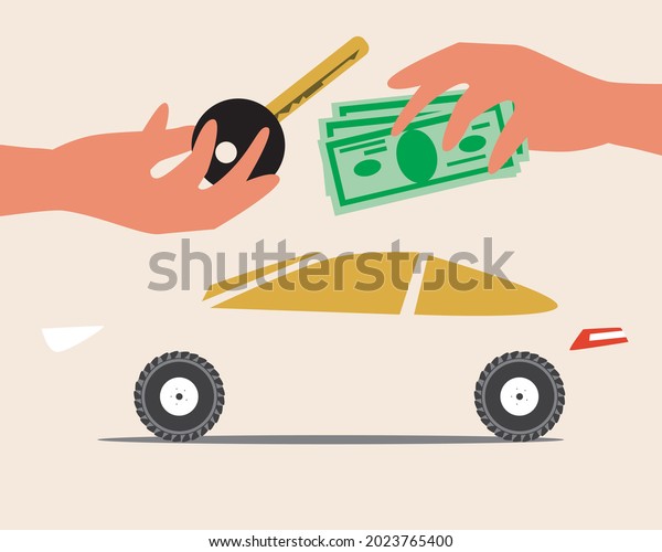 Buying a car for cash. Flat vector\
stock illustration. Car loan. People buy or sell cars. Cash and\
avto key. Car sharing or rent payment. Isolated\
illustration